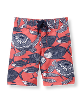 Standout swim trunk is just right for ocean adventures. Detailed with front tie and elasticized back. 100% Polyester Twill. Mesh Liner. Machine Washable; Imported. Flamingo Cove.