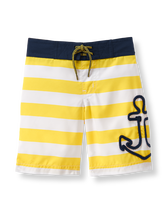 Standout swim trunk features rope appliqué and sunny stripes. Detailed with front tie and elasticized back. 100% Polyester Twill. Mesh Liner. Machine Washable; Imported. Flamingo Cove.
