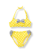 Make a sunny splash in our polka dot two-piece. Features top ruching and striped bow accents. 80% Nylon/20% Spandex. UPF 50+. Fully Lined. Machine Washable; Imported. Flamingo Cove.