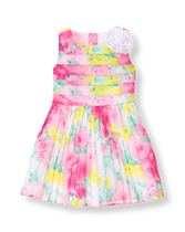 Celebrate in swingy chiffon with vibrant floral print. Pleated design is finished with a 3D bloom accent. 100% Polyester Chiffon. Fully Lined. Bloomer Included (Sizes Up To 18-24 Months). Button Back. Machine Washable; Imported. Garden Brunch.