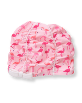 Vintage-inspired design features flamingo print with glowing details. Finished with all-around ruching and bow accent. 80% Nylon/20% Spandex. Elasticized Design. Spot Clean; Imported. Flamingo Cove.
