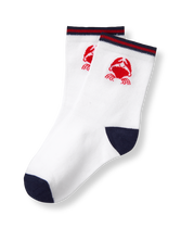 Intarsia-knit crabs add coastal charm to our comfortable sock. Soft cotton is blended with nylon and spandex for stretch and hold. Cotton/Nylon/Spandex. Textured Grips (Sizes Up To 18-24 Months). Machine Washable; Imported. Lake Weekend.