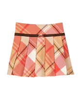 Vibrant plaid and suede trim decorate our swingy pleated skirt. Invisible side zipper finishes the design. 65% Polyester/33% Rayon/2% Spandex. Fully Lined. Invisible Side Zipper. Adjustable Waist (Sizes 18-24 M - 12). Machine Washable; Imported. Carriage House.