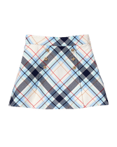 Precious plaid and structured front pleats for our tailored skirt. Features gold buttons. 65% Polyester/33% Rayon/2% Spandex. Fully Lined. Invisible Side Zipper. Adjustable Waist (Sizes 18-24 M - 12). Machine Washable; Imported. Gallery Muse.