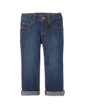 Our denim jean is a versatile favorite. Cuffed design features red and white stitching. Finished with front