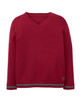Add a preppy layer to his look with our soft sweater. Detailed with striped rib trim and embossed leather patch. 55% Cotton/25% Viscose/20% Nylon. Inside Neck Trim. Machine Washable