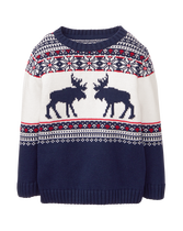 Cozy wherever he goes in our Fair Isle moose sweater. Crafted from combed cotton and finished with ribbed trim. 100% Combed Cotton. Inside Neck Trim. Machine Washable