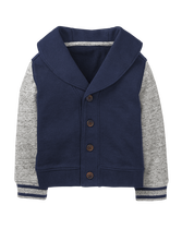 Our collegiate-inspired cardigan is designed with contrast sleeves