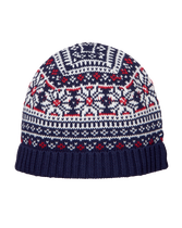 Keep him warm in our Fair Isle beanie. Detailed with intarsia-knit snowflakes and finished with a folded ribbed brim. 100% Combed Cotton. Machine Washable