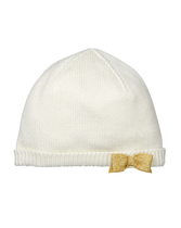 A dainty gold bow adds shimmering detail to our soft knit beanie. Complete with folded ribbed brim. 55% Cotton/25% Viscose/20% Nylon. Fully Lined. Machine Washable; Imported. Snowy Cottage.