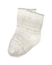 Keep tiny toes warm in our Fair Isle sock with scalloped trim. Soft cotton is blended with nylon and spandex for stretch and hold. 45% Nylon/29% Cotton/15% Polyester/9% Rayon/2% Spandex. Textured Grips (Sizes Up To 18-24 Months). Machine Washable; Imported. Snowy Cottage.