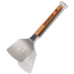 NFL Denver Broncos Sportula ~Denver Broncos sports enthusiasts will love this ultimate display of Denver Broncos Merchandise. The Sportula is a heavy duty stainless steel grilling spatula that is perfectly designed for the Ultimate Tailgater! Go Broncos!  Unique laser-cut design Heavy-duty stainless steel Hard maple handles with durable brass rivets Convenient bottle opener Custom heat-stamped lettering