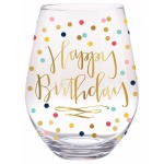 Happy Birthday Confetti Stemless Wine Glass ~A pretty stemless wine glass that is perfect for that special birthday party! Gold foil decal script text reads "Happy Birthday"