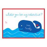 Personalized Whale Valentine ~Above the blue whale with a heart on it's tail is the phrase "Whale you be my valentine?". Personalize with a greeting and your child's name. Includes your choice of fuschia or red envelope.