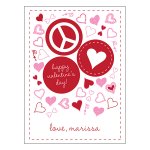 Personalized Peace & Hearts Valentine ~Heart confetti is various shapes and colors surround three big cirlces in red with a peace sign