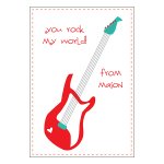 Personalized Guitar Valentine ~Personalized valentine features a red guitar with blue accents and a white hearts. The phrase "You rock my world" is on the left side and space to personalize with a greeting and your child's name on the right side. Includes white envelope. Fuschia and red also available.