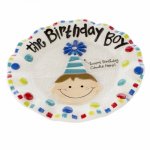 Birthday Boy Candle Plate ~Colorful ceramic dessert plate features built-in birthday candle holder to celebrate that special day.