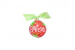 Believe Christmas Glass Ornament ~Let everyone know that you still believe in Santa by placing this precious Believe Ornament on your Christmas tree. Personalize your glass Christmas tree ornament with a family name or baby's Christmas and create a meaningful keepsake. This unique holiday ornament goes great with religious and country Christmas ornament collections. All specialty ornaments come boxed and tied with a coordinating ribbon making them the perfect gift for anyone. Personalize for only $5.00!