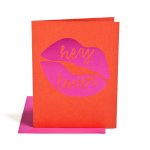 Hey Lover Kiss Greeting Card ~Folded red card letterpressed with hot pink lips showing the  phrase "Hey Lover" inside the lips. Card is blank on the inside for your personal message. Includes hot pink envelope.