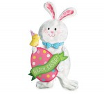 Decor Hunny Bunny Banner ~Hand-painted white metal mesh bunny door hanger. The bunny holds a pink polka dot Easter egg with Happy Easter message banner. A baby chick wearing a party hat sits on top of the bunny's arm at the top of the egg.