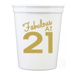 Fabulous At 21 White Stadium Cups ~These stadium cups feature "Fabulous At 21" with gold print. It's the perfect way to decorate for any birthday celebration! Recommended pour: 12 oz