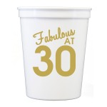 Fabulous At 30 White Stadium Cups ~These stadium cups feature "Fabulous At 30" with gold print. It's the perfect way to decorate for any birthday celebration! Recommended pour: 12 oz