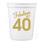 Fabulous At 40 White Stadium Cups ~These stadium cups feature "Fabulous At 40" with gold print. It's the perfect way to decorate for any birthday celebration! Recommended pour: 12 oz