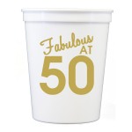 Fabulous At 50 White Stadium Cups ~These stadium cups feature "Fabulous At 50" with gold print. It's the perfect way to decorate for any birthday celebration! Recommended pour: 12 oz