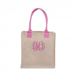Pink Handle Jute Market Tote ~The perfect size for when you don't need to carry everything! Smaller size makes a great everyday purse as well as a gift when personalized.