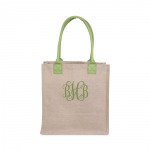 Green Handle Jute Market Tote ~The perfect size for when you don't need to carry everything! Smaller size makes a great everyday purse as well as a gift when personalized.
