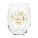Give Thanks Stemless Wine Glass ~Stemless wine glass is printed in gold with the phrase Give Thanks and a crossed wheat motif below.