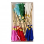 Tassel Multicolor Party Picks ~These party picks are decorated with brightly colored tassels crafted with crepe paper and finished with a gold foil bands. Great to add color and style to a seasonal celebration.