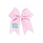 Pink Seersucker Hair Bow ~Add a personal touch to an already picture perfect Seersucker hair bow. Bow features an alligator style clip and is personalized on the left tail. Put your girl's name on a hair bow today. Actually it's perfect for any age!  2.25" Alligator Clip Seersucker Material Monogram Shown: Vine Font/Aqua Thread