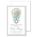 Rattle Blue Invitation ~Monogrammed silver rattle features a green wreath and big blue bow surround by a matching blue double line border. Swoozie's Originals are customizable to your color choices! Just specify what colors you would like in the special instructions! Simple. Special. Swoozie's We understand your guest list is not always a perfect multiple of 10. Only purchase what you need and no matter the quantity