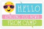Pink Shades Smiley Face Hello Camp Post Cards ~Camp post card features a smiley face wearing pink shades with the various bright colored thought bubbles with the message "Hello. Sending you news. From Camp." for your camper to send back home.