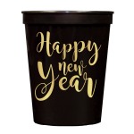 Black Happy New Year Stadium Cups ~Add holiday spirit to the New Year's Eve with these black stadium cups with gold script that reads "Happy New Year". Don't forget to add the matching cups and napkins for a polished look to your event.