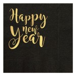 Black Happy New Year Beverage Napkins ~Add holiday spirit to the New Year's Eve with these black napkins with gold script that reads Happy New Year. Don't forget to add the matching cups and napkins for a polished look to your event.