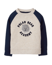 Polar bear and lettering appliqué decorate our adorable pullover. Contrast sleeves and ribbed trim finish the design. 60% Cotton/40% Polyester French Terry. Inside Neck Trim. Machine Washable; Imported. Snowy Cottage.
