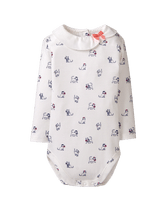 Our soft cotton bodysuit is designed with allover cat print. Asymmetrical Peter Pan collar and petite bow complete the design. 100% Cotton Interlock. Snaps In Back And Underneath. Machine Washable; Imported. Courtyard Blooms.
