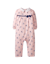 Precious cat print decorates our soft and comfortable one-piece. Effortless silhouette is finished with collar and bow accent. 100% Cotton Interlock. Back And Full Leg Snaps. Back Pocket. Machine Washable; Imported. Courtyard Blooms.