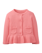 Combed cotton makes our cardigan extra soft. Finished with a precious peplum design and front pockets. 100% Combed Cotton. Button Front. Machine Washable; Imported. Courtyard Blooms.