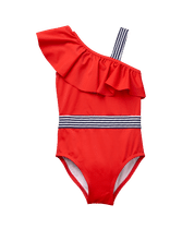 Sweet by the shore in our ruffle swimsuit. Designed with classic stripes at waist and shoulder strap. 80% Nylon/20% Spandex Rochelle. UPF 50+. Fully Lined. Machine Washable; Imported. Parisian Estate.