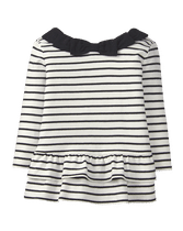 Pretty peplum silhouette and ruffle hem for our striped top. Finished with bow details at collar. 100% Cotton Jersey. Button Back. Machine Washable; Imported. Black & White Story.