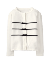 Beautiful bows and sweet stripes decorate our combed cotton cardigan. 100% Combed Cotton. Button Front. Machine Washable; Imported. Black & White Story.