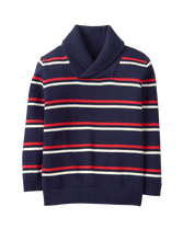 Standout stripes add dashing detail to our soft combed cotton pullover. Finished with a preppy shawl collar. 100% Combed Cotton. Inside Neck Trim. Machine Wash