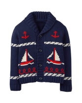 Cruise the coast in our soft nautical-inspired cardigan. Intarsia-knit details and shawl cardigan complete the design. 55% Cotton/25% Rayon/20% Nylon. Inside Neck Trim. Button Front. Machine Washable; Imported. Getaway Grove.
