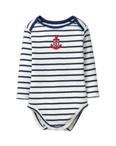 Our striped bodysuit with embroidered anchor is perfect for your little captain. Crafted in soft cotton rib. 100% Cotton Rib. Snaps In Back And Underneath. Machine Washable; Imported. Courtyard Blooms.
