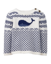 Oceanside picnics are perfect in our soft sweater. Intarsia-knit whale makes this look extra charming. 100% Combed Cotton. Shoulder Buttons. Machine Washable; Imported. Courtyard Blooms.