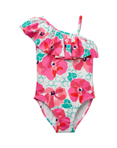 Beautiful floral print is just right for days by the shore. Ruffle accent completes the look. 80% Nylon/20% Spandex Rochelle. UPF 50+. Fully Lined. Machine Washable; Imported. Sunlight Splash.