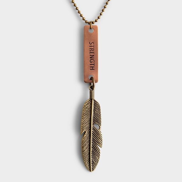 Strength - Bronze Feather Necklace This beautiful bronze Strength necklace is a wonderful reminder that Christ is our strength as well as a trendy addition to your wardrobe.Message:StrengthProduct details:Strength necklaceMaterial: brass